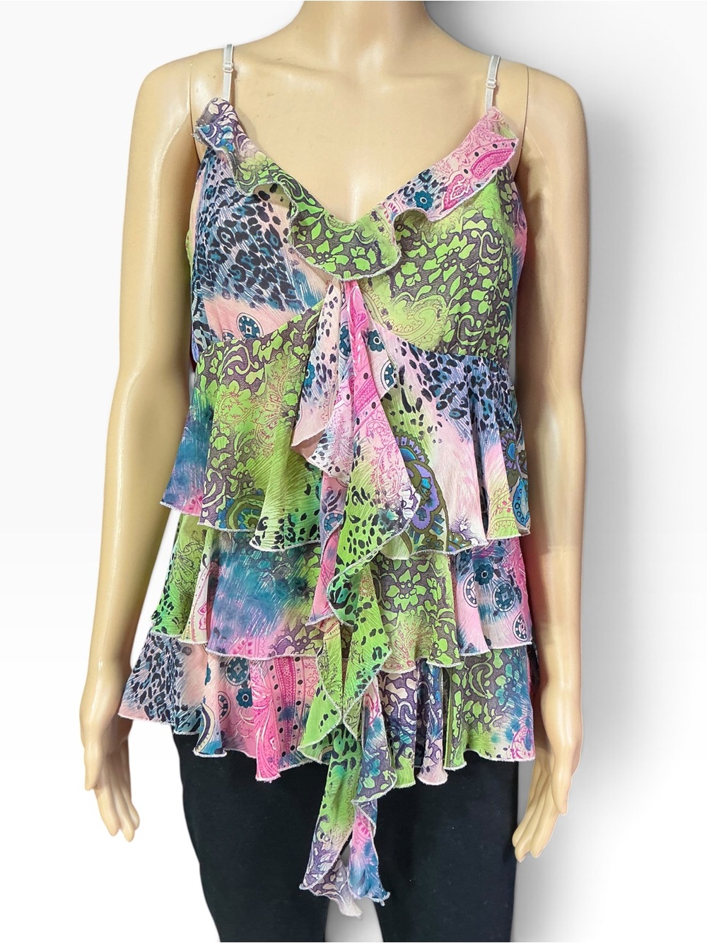 Y2K Bisou Bisou Pink, Green & Blue Ruffled Tiered Camisole